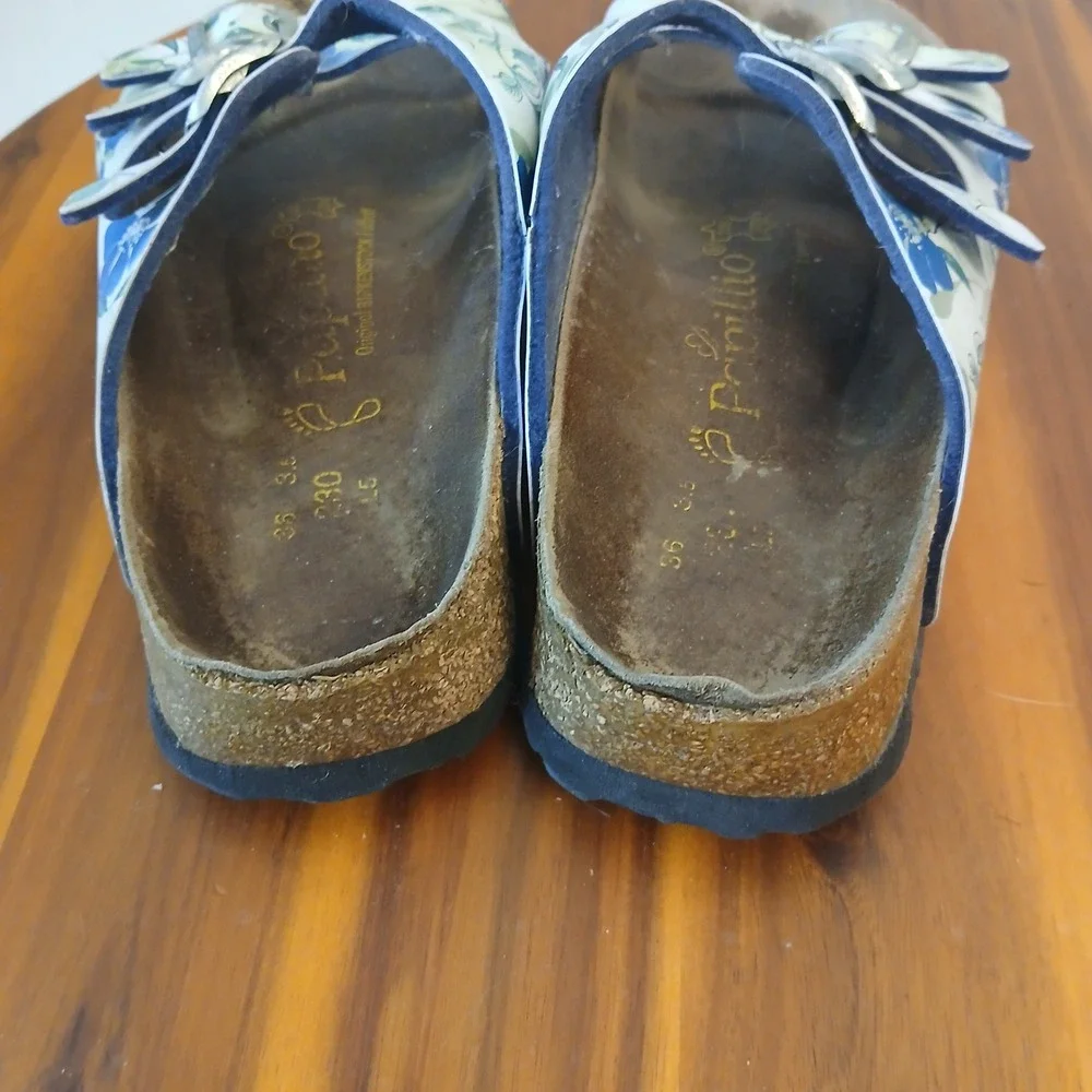 Papillio Birkenstock Florida Sandals Womens 36 Blue Floral Triple Strap Slides